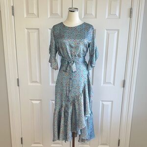 NWT Cynthia Rowley Wallflower Blue SILK Blend Ruffle Wrap Midi Dress Size 8